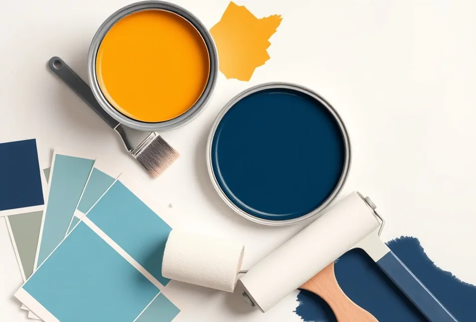 Pots de peinture, nuancier, brosses et rouleaux disposés à plat
