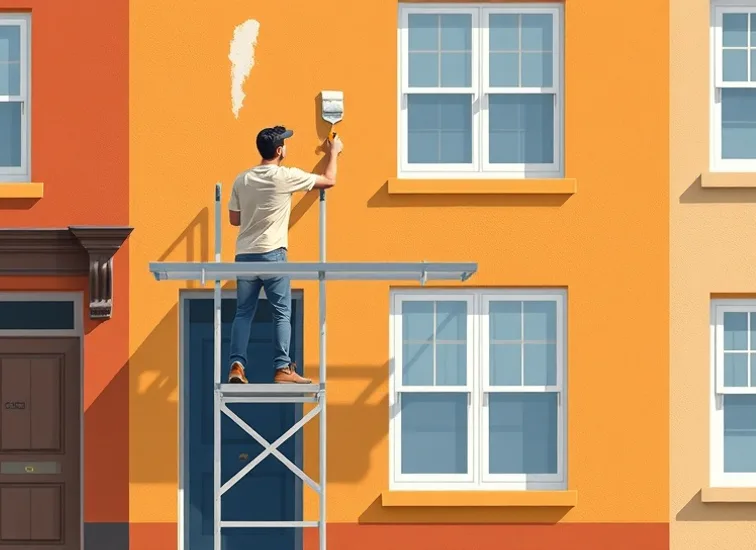 Peintre sur échafaudage traitant la façade d'une maison
