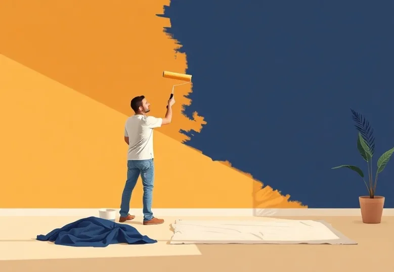 Peintre appliquant la peinture au rouleau sur un mur de salon